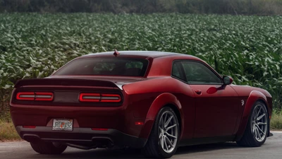 Voiture musculaire Dodge Hellcat dans un paysage pittoresque