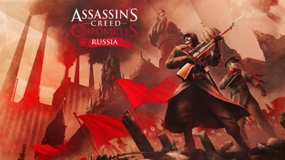 Assassin's Creed Chronicles: Russie - Représentation surréaliste de l'action et de la révolution avec des figures armées au milieu d'un paysage dramatique teinté de rouge.