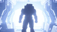 Master Chief in silhouette, poised for action against a bright backdrop, embodying the essence of adventure in the Halo Infinite universe.