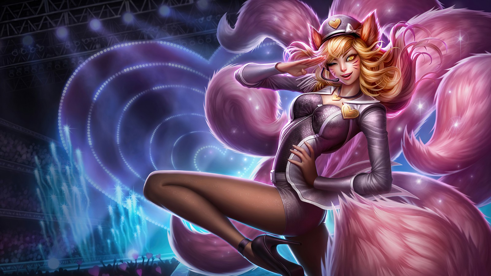 A woman in a cat suit sitting on a stage (ahri, pop star, skin, lol, league of legends)