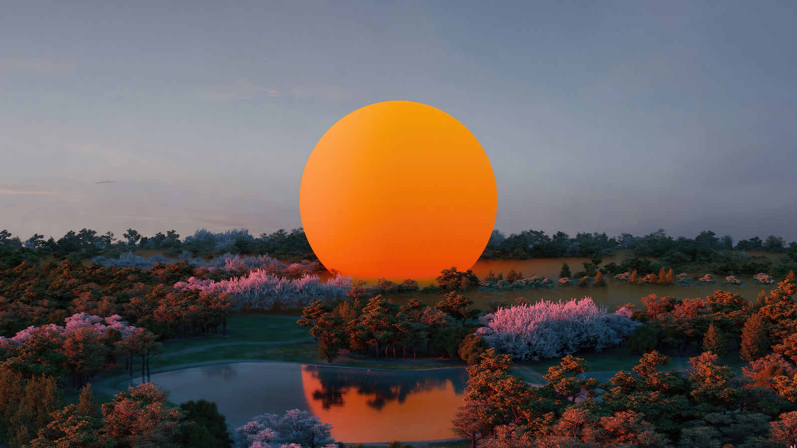 A large orange ball sitting on top of a lush green field (microsoft, windows 11, os, technology, 365)