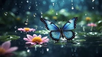 Vibrant Butterfly Amidst Raindrops and Flowers