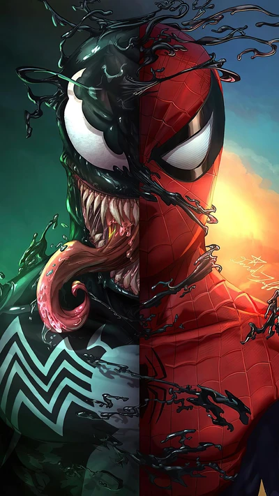 Dualidade de Heróis: Fusão Artística de Spider-Man e Venom