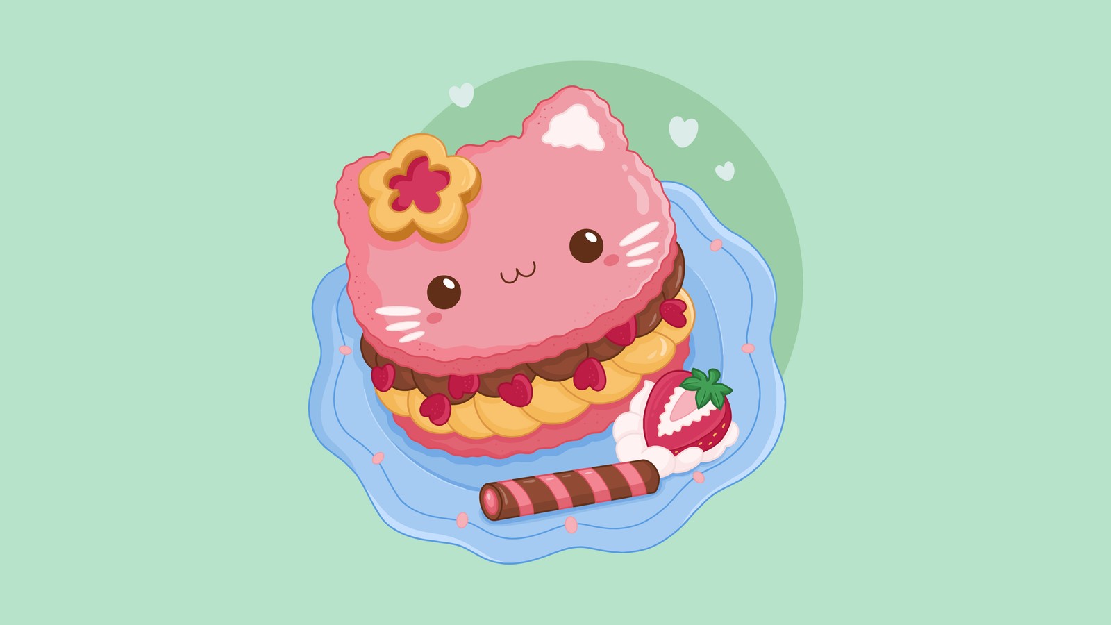 Um close-up de um bolo com um gato em cima (cute food, comida kawaii, kawaii cupcake, delicioso, rosto kawaii)