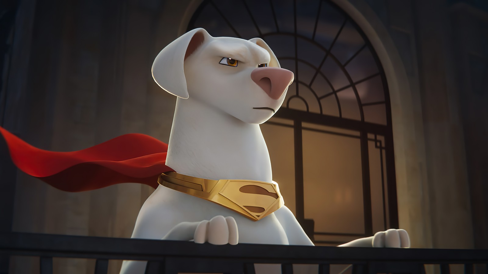 Un primer plano de un perro con una capa y una capa puesta (krypto, dc liga de supermascotas, animado, animación, película)