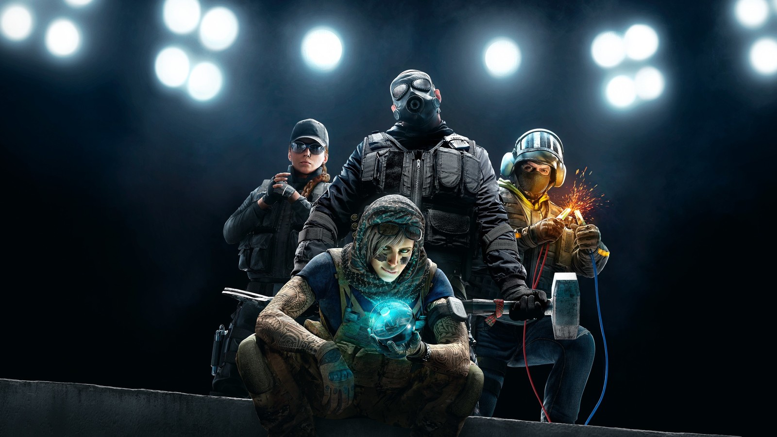 Un grupo de personas en máscaras de gas en un escenario (tom clancys, rainbow six siege, r6s, rainbow 6 siege, personajes)