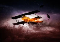 Fiery Biplane Soaring Through Stormy Skies