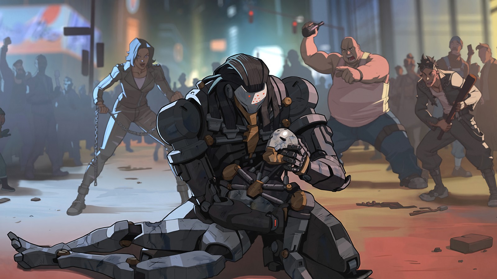 A close up of a person kneeling on the ground with a gun (ramattra, overwatch 2, video game)