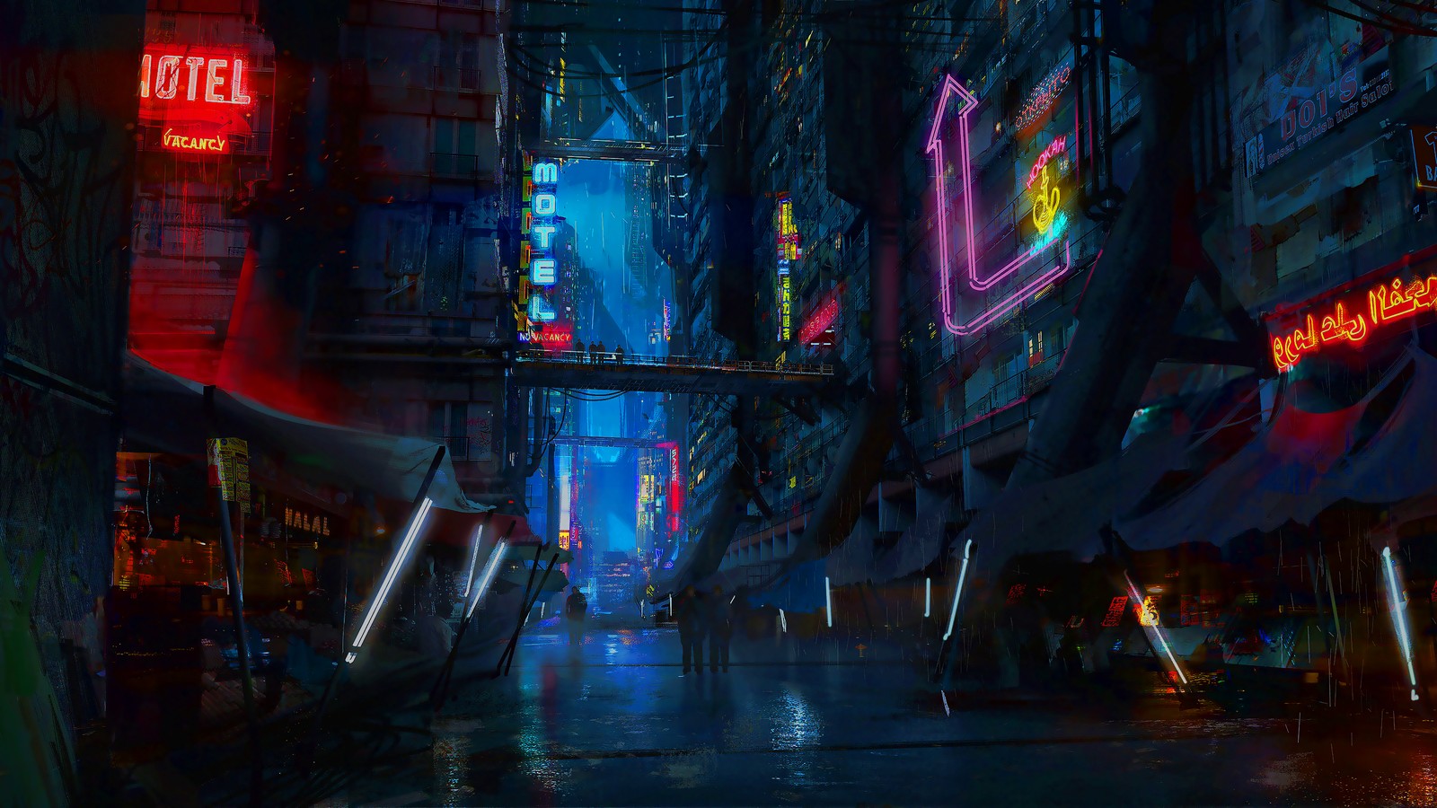 Uma vista de uma rua da cidade à noite com letreiros de néon (cyberpunk 2077, cyberpunk, ficção científica, arte digital, roxo)