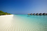 Plage tropicale avec des eaux turquoise claires et des villas sur pilotis sous un ciel bleu.