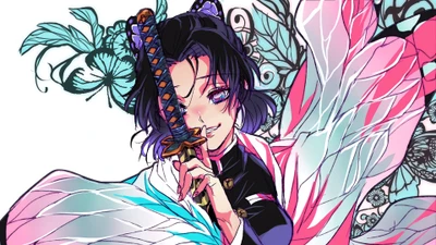 Shinobu Kocho, die Insekten Hashira aus Demon Slayer, posiert elegant mit ihrem Schwert, umgeben von floralen Motiven, die ihre anmutige, aber kämpferische Natur widerspiegeln.