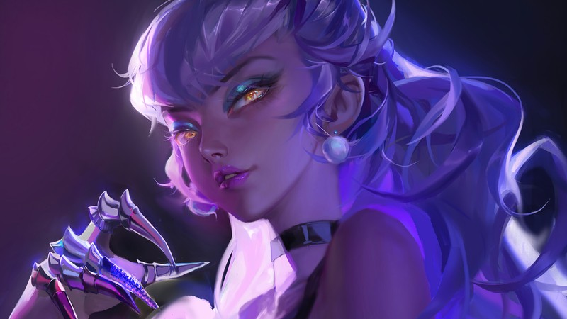 Крупный план женщины с фиолетовыми волосами и фиолетовым платьем (evelynn, lol, league of legends, видеоигра)