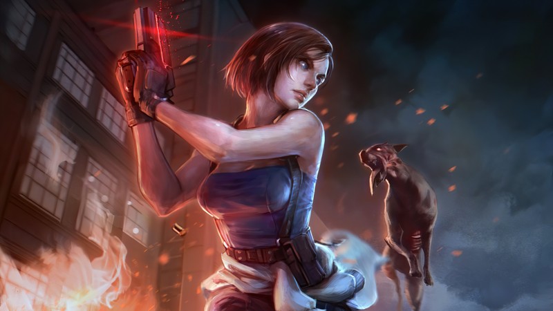 Женщина с оружием и собакой перед зданием (джилл валентайн, jill valentine, resident evil 3 remake, re3, видеоигра)