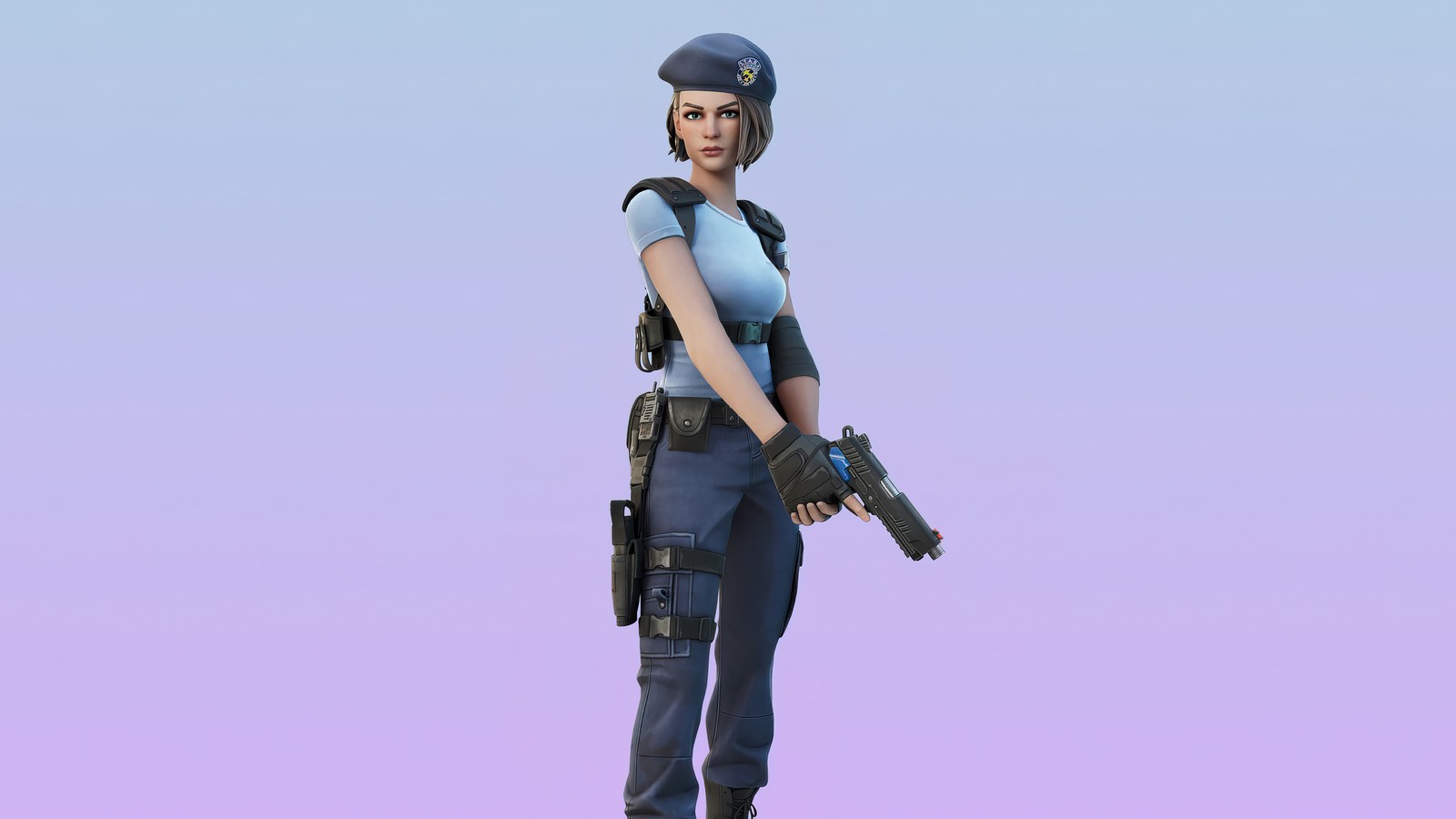 Женщина в синем топе и черных штанах с оружием (джилл валентайн, jill valentine, обитель зла, resident evil, фортнайт)