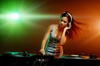 Dynamic Female DJ Mixing Pop Music with Passion