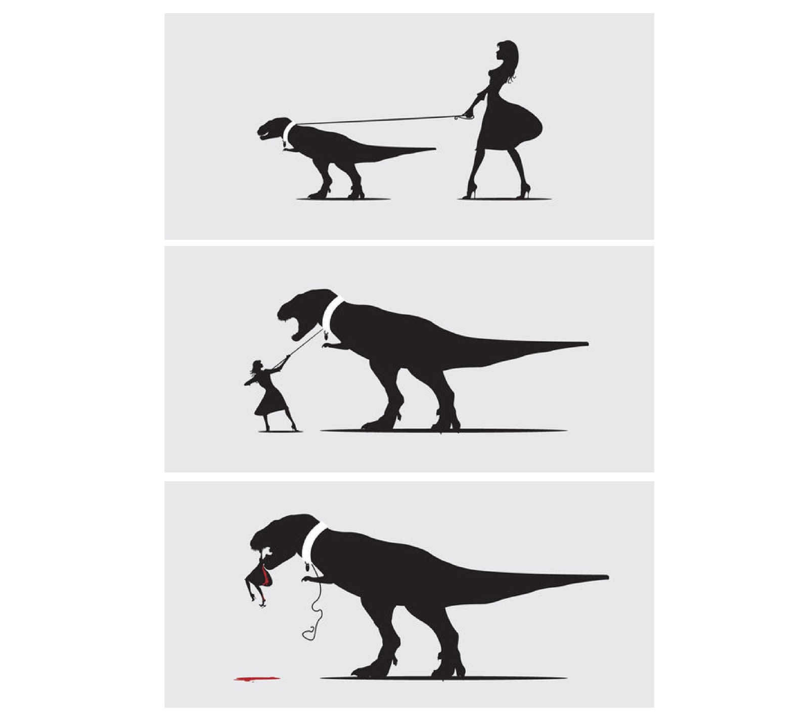 A woman is pulling a dinosaur with a leash and a little girl is walking by (cartoon, dinosaur, funny, hd, laugh)