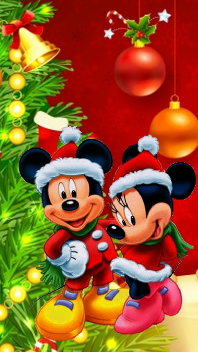 Mickey et Minnie Mouse célèbrent un joyeux Noël ensemble