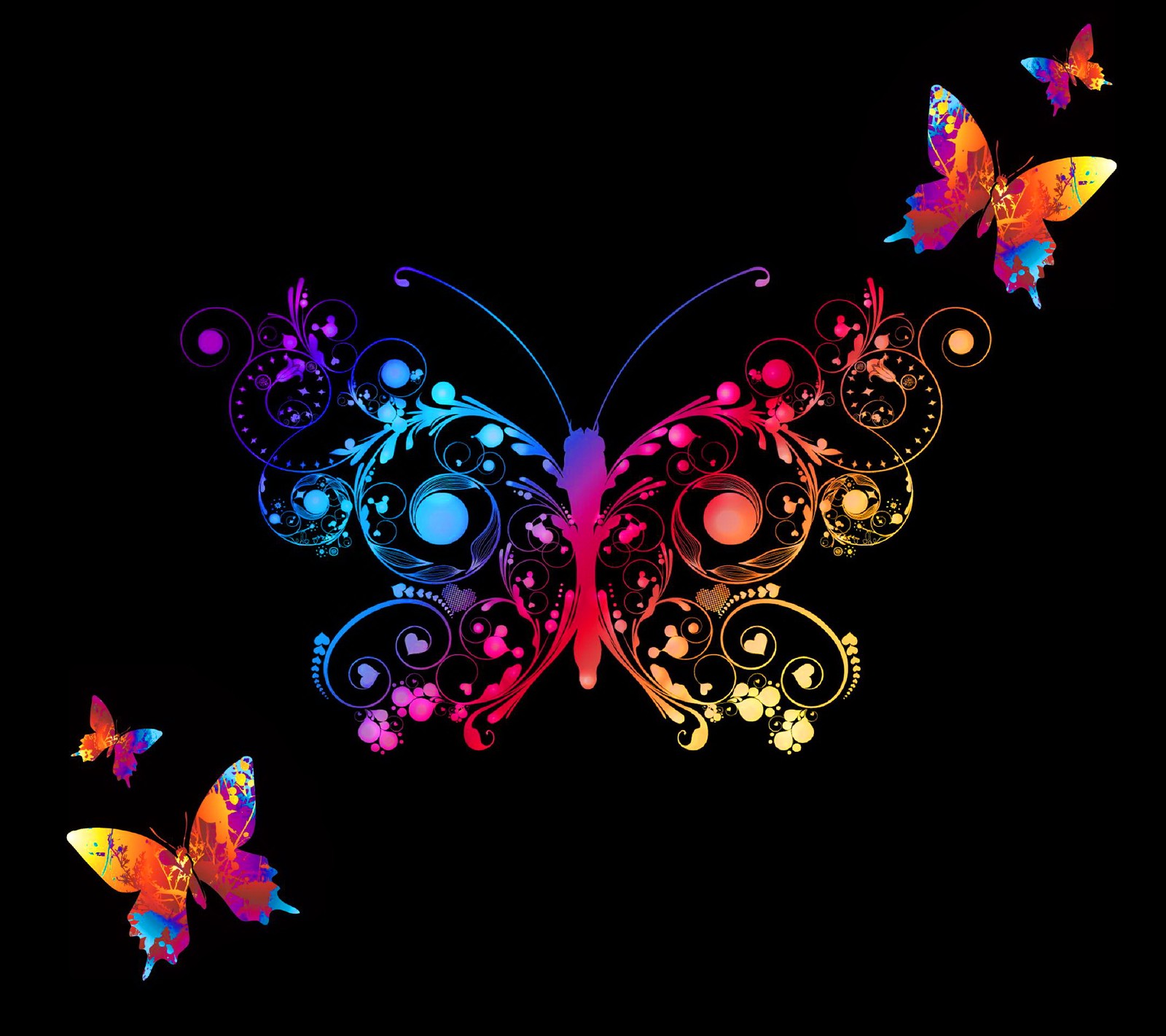 Butterflies with swirly wings and swirly swirly patterns on a black background (background, butterflies, colored abstract)