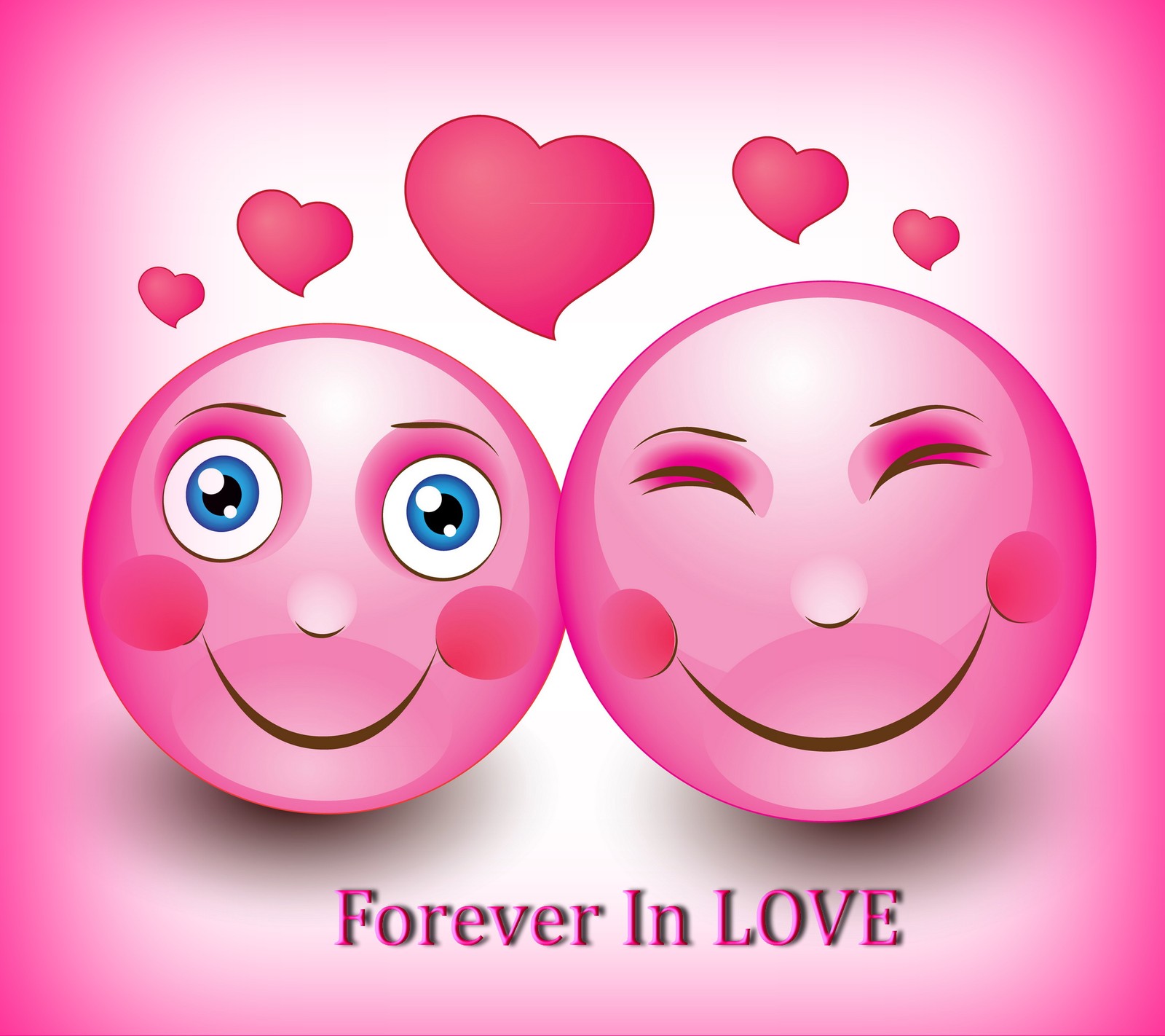 There are two pink balls with hearts on them with the words forever in love (abstract, colors, cute, forever, hearts)