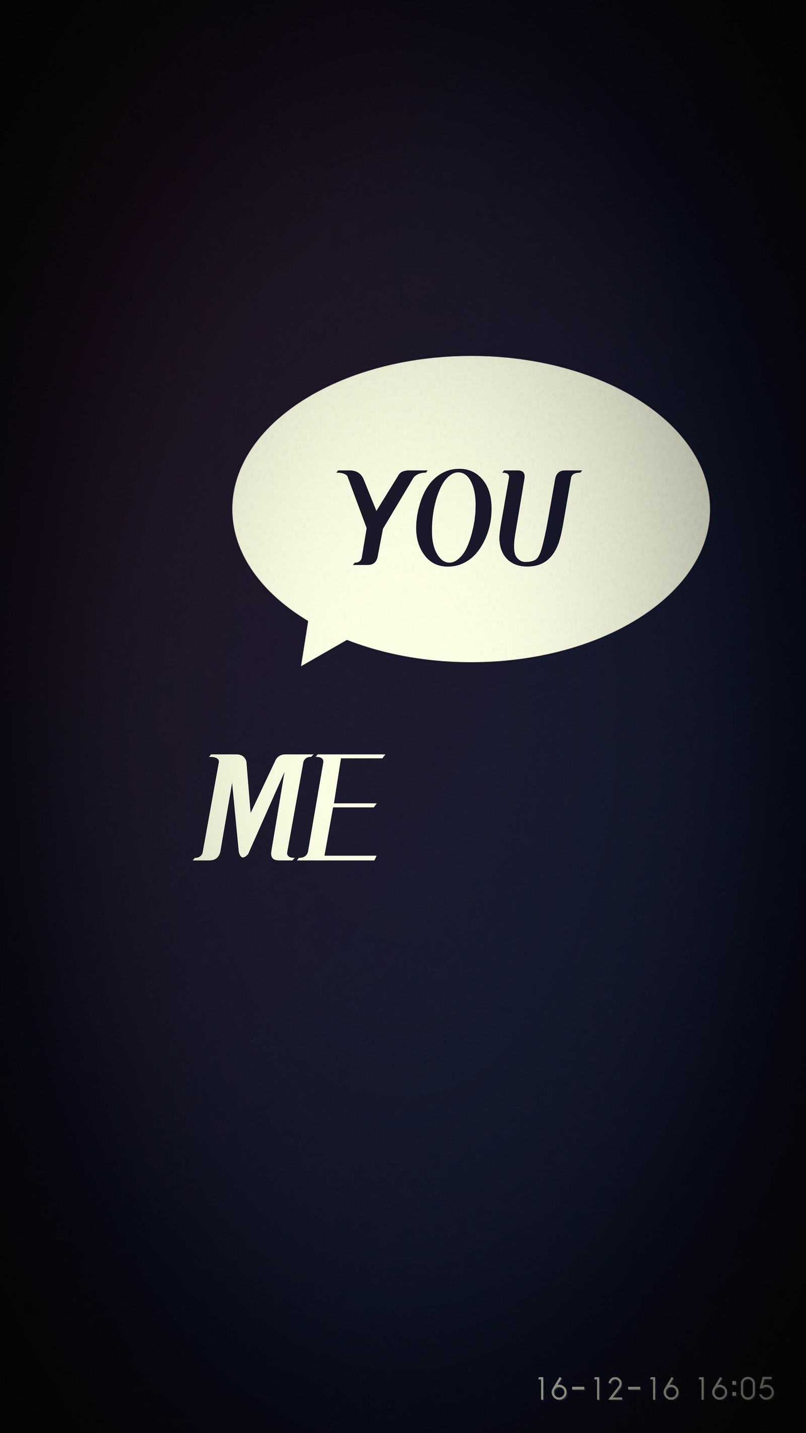 There is a white speech bubble with the word you me on it (black, logo)