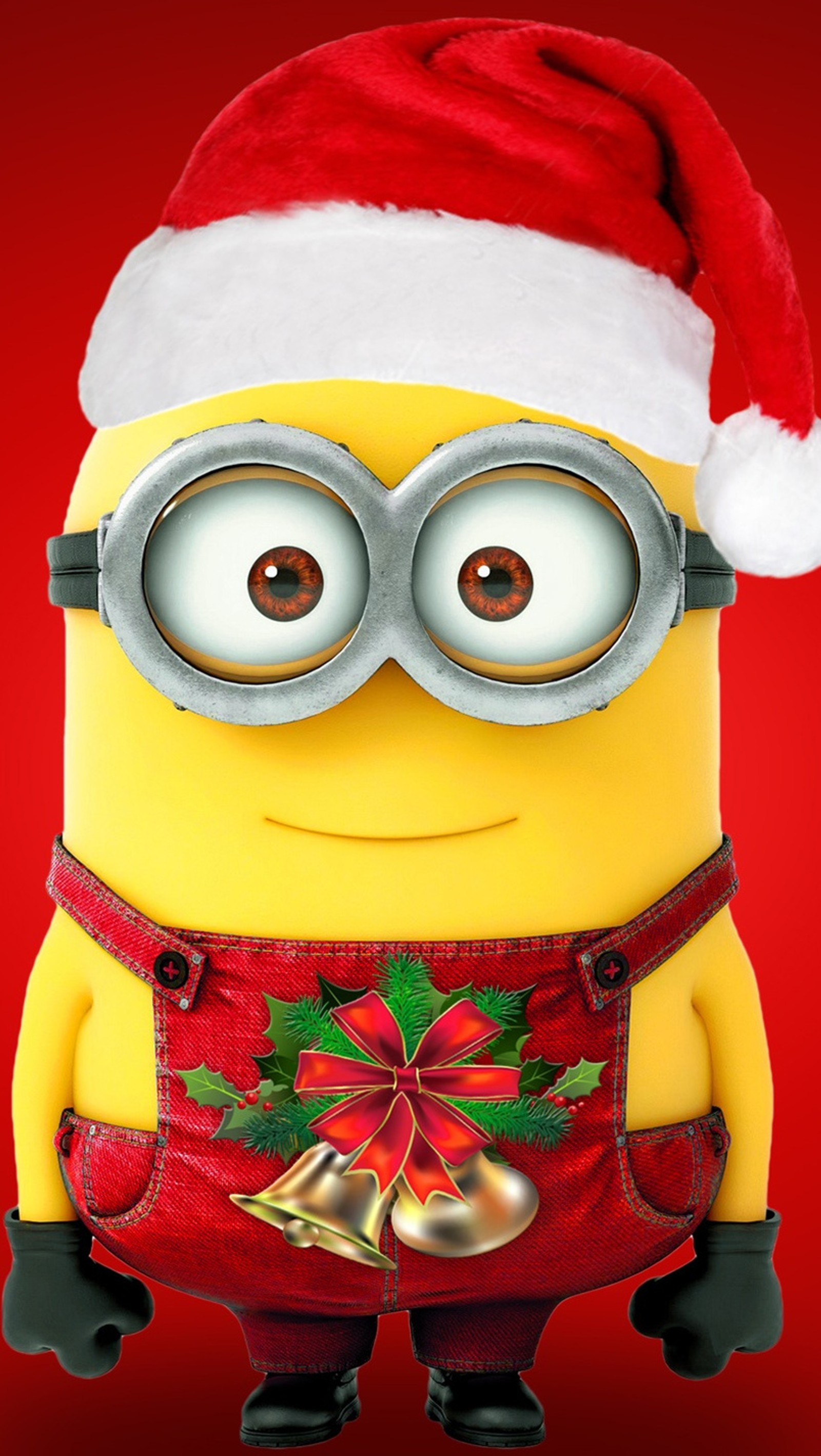 A close up of a minion wearing a santa hat and holding a bell (christmas, festival, hd, minion, new)