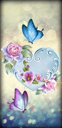 Whimsical Blue Butterflies Embracing a Heart of Roses