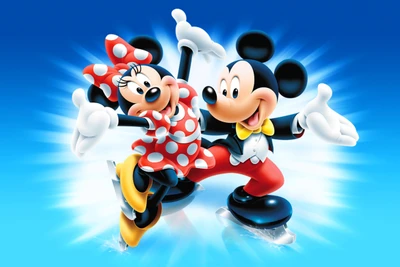 Mickey e Minnie Mouse patinando alegremente