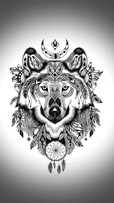 Intrincado tatuaje de lobo en blanco y negro con elementos florales y geométricos