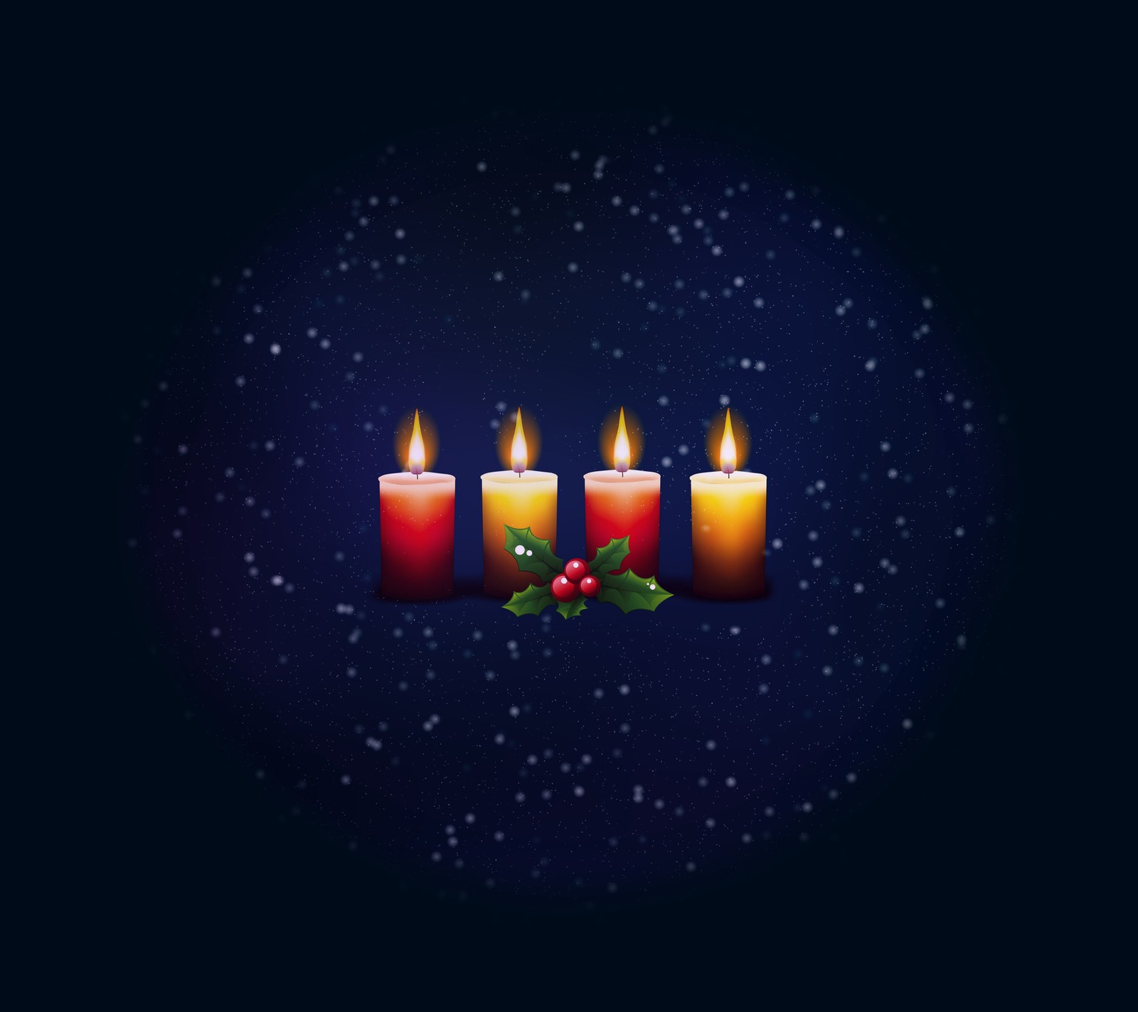 Three candles with holly leaves and berries on a dark blue background (candle, christmas, design, light)