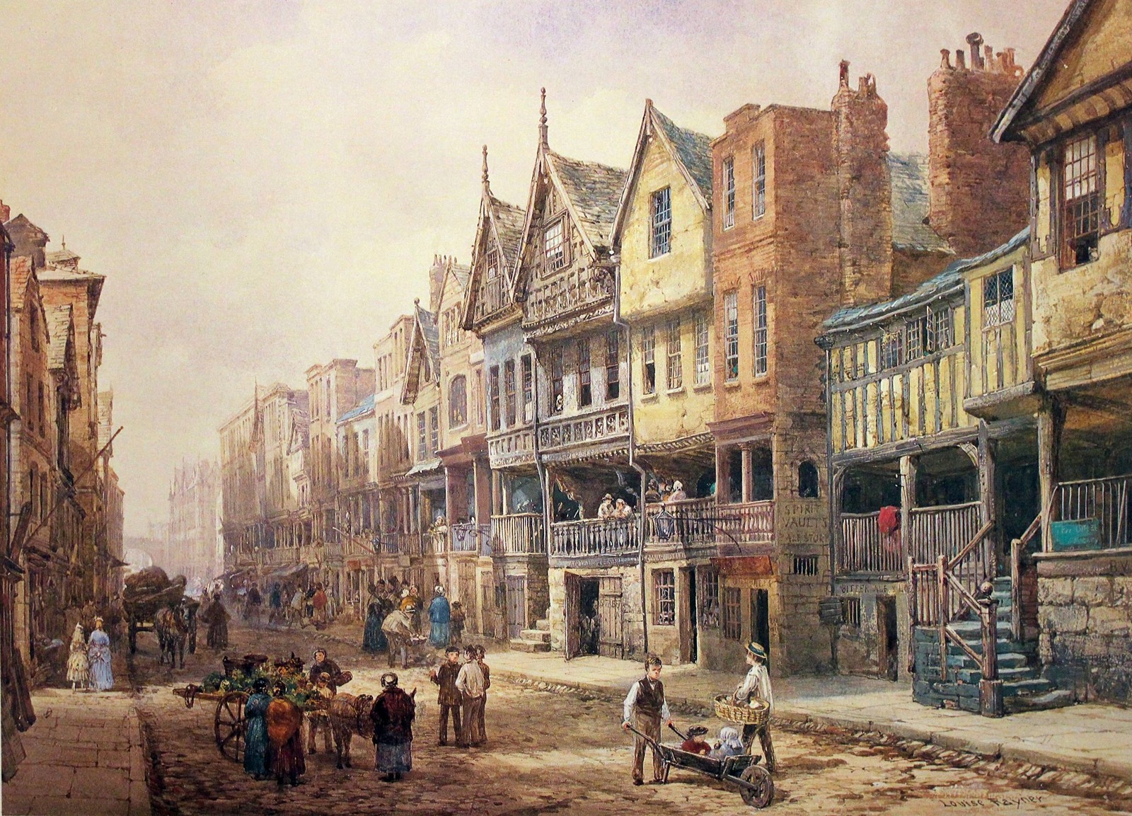 Painting of a street scene with people and horses in the foreground (watercolor painting, painting, painter, watercolor paint, town)