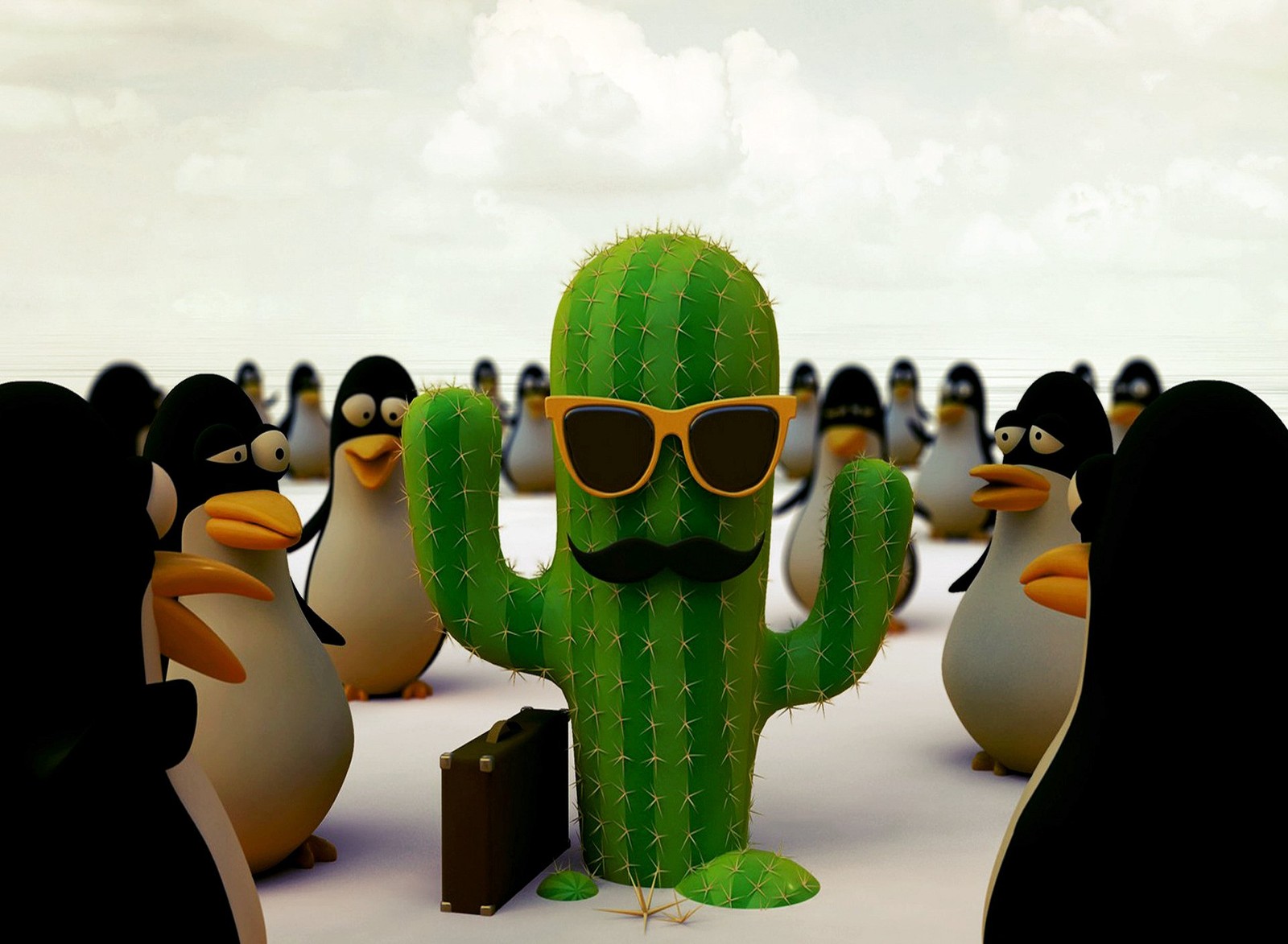 Pingüins e um cacto com óculos de sol e um bigode estão em grupo (cacto, óculos, bonito, pinguins)