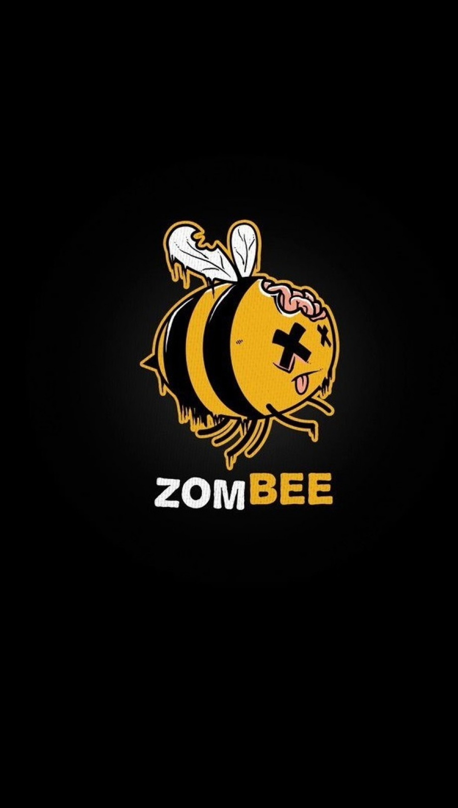 Um fundo preto com um logotipo amarelo e preto e uma abelha (abelha, zombee, zumbi)