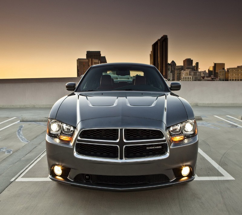 Серый dodge charger припаркован на парковке с городским горизонтом на заднем плане (зарядное устройство, додж, dodge)