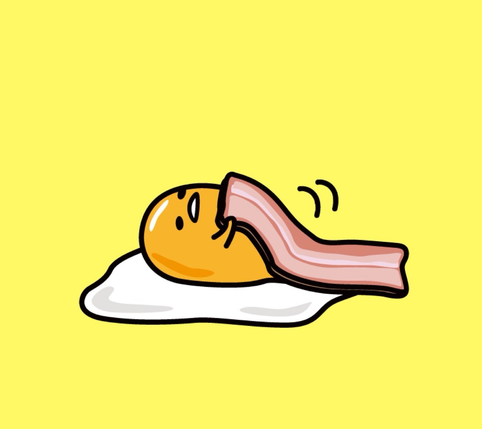 Ein cartoon von einem spiegelei mit speck und einem stück speck (ei, gudetama, kawaii, faules ei, gelb)