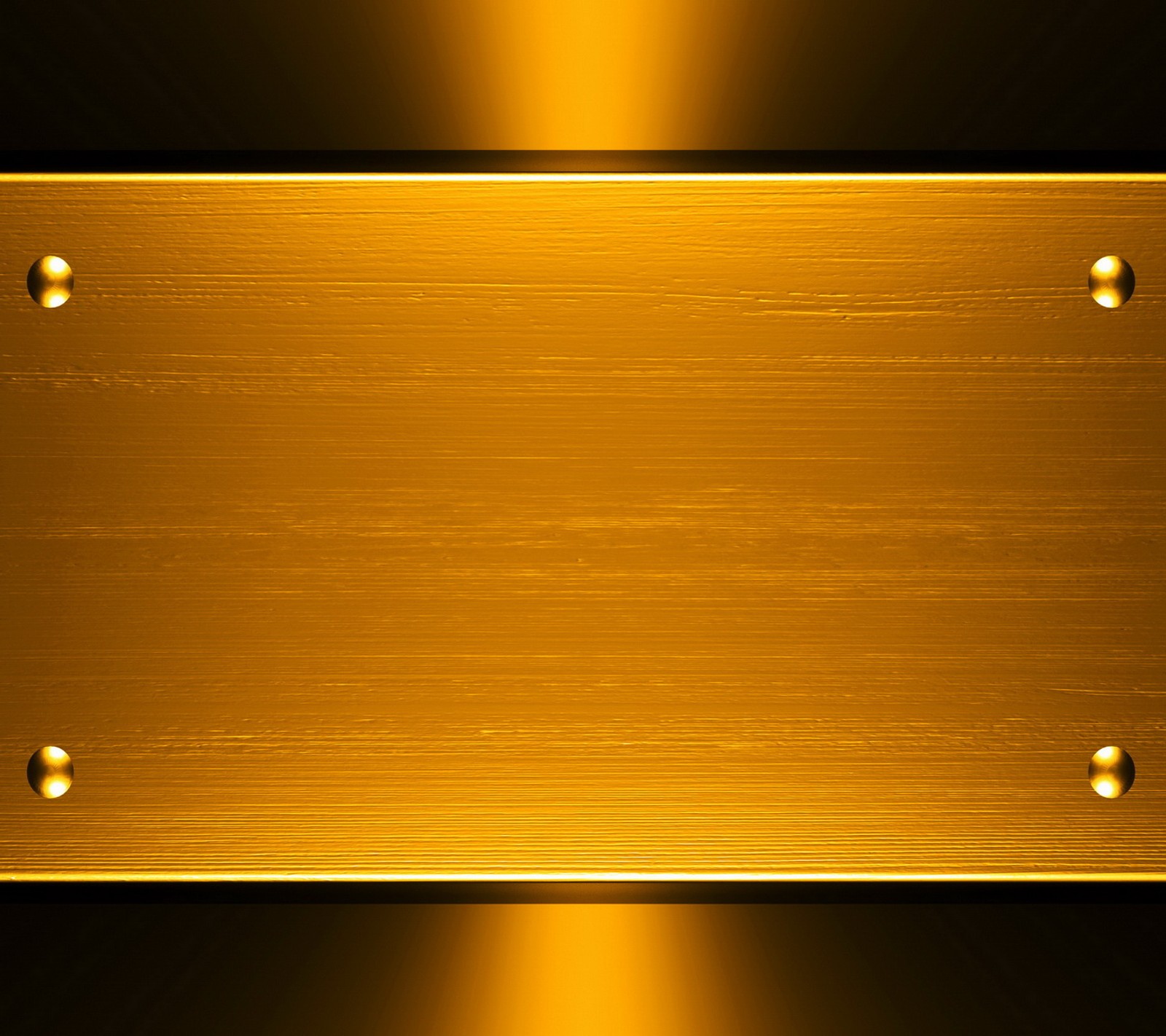 Uma placa dourada com rebites em um fundo preto (metal dourado, textura de placa)