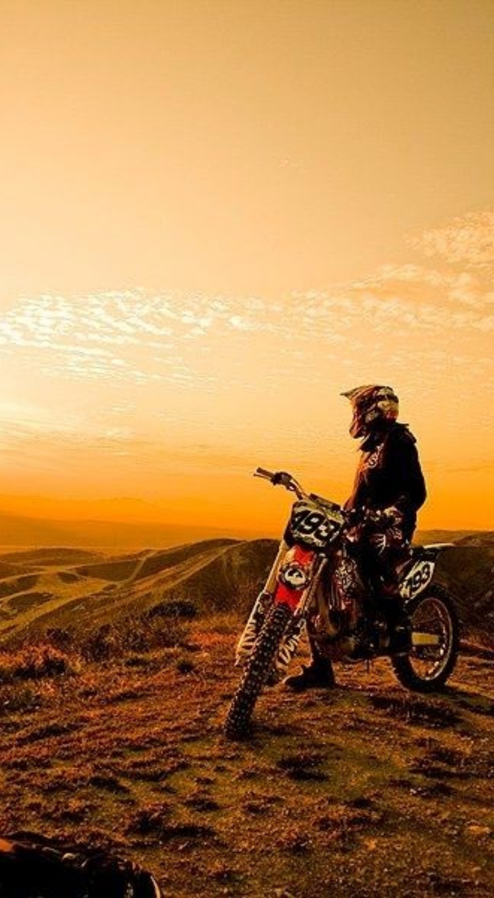 Un homme assis sur une moto tout terrain sur une colline avec un chien (vélo, saleté, sentiment, moto, sport)