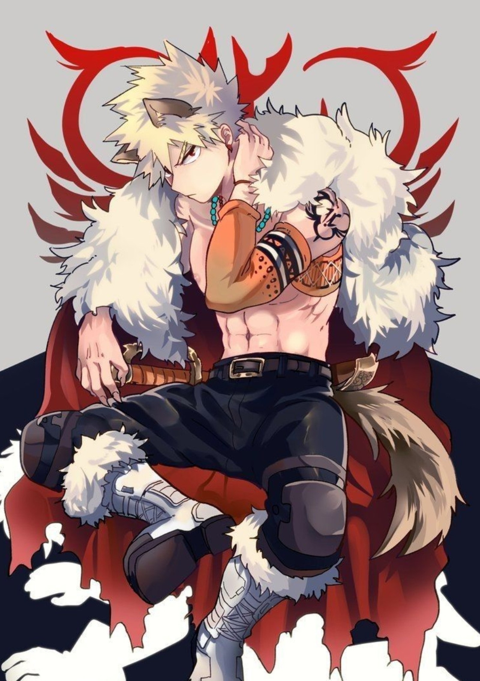 Un hombre con un abrigo de piel sentado en una silla con un perro (bnha, fantasy au, katsuki, mha)