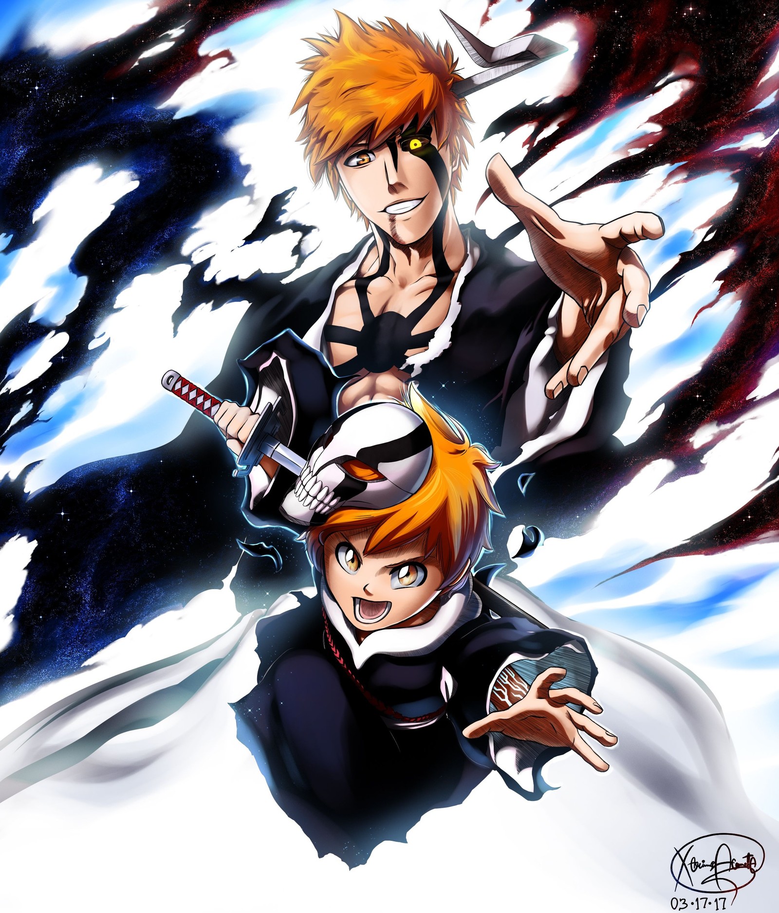 Personnages d'anime aux cheveux orange et vêtements noirs volant dans les airs (bleach, fils, ichigo, shinigami, zanpakto)