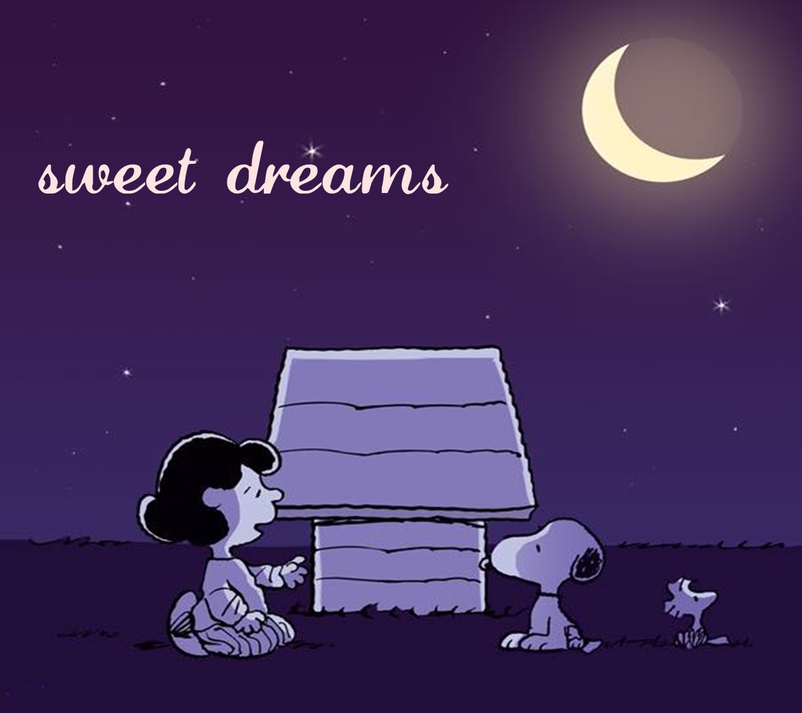 A cartoon snoop and woodstock are sitting outside a house at night (dreams, sweet)