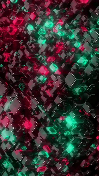 Vibrant Red and Green Hexagonal Cubes in a Dynamic Pattern