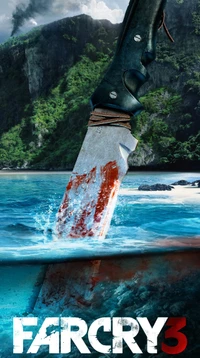 Lame ensanglantée émergeant des eaux turquoises dans Far Cry 3