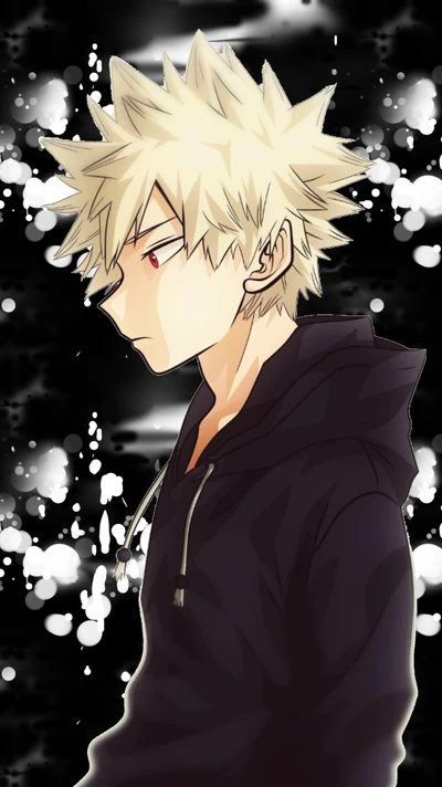 Bakugou Katsuki en profil contre un fond sombre et abstrait