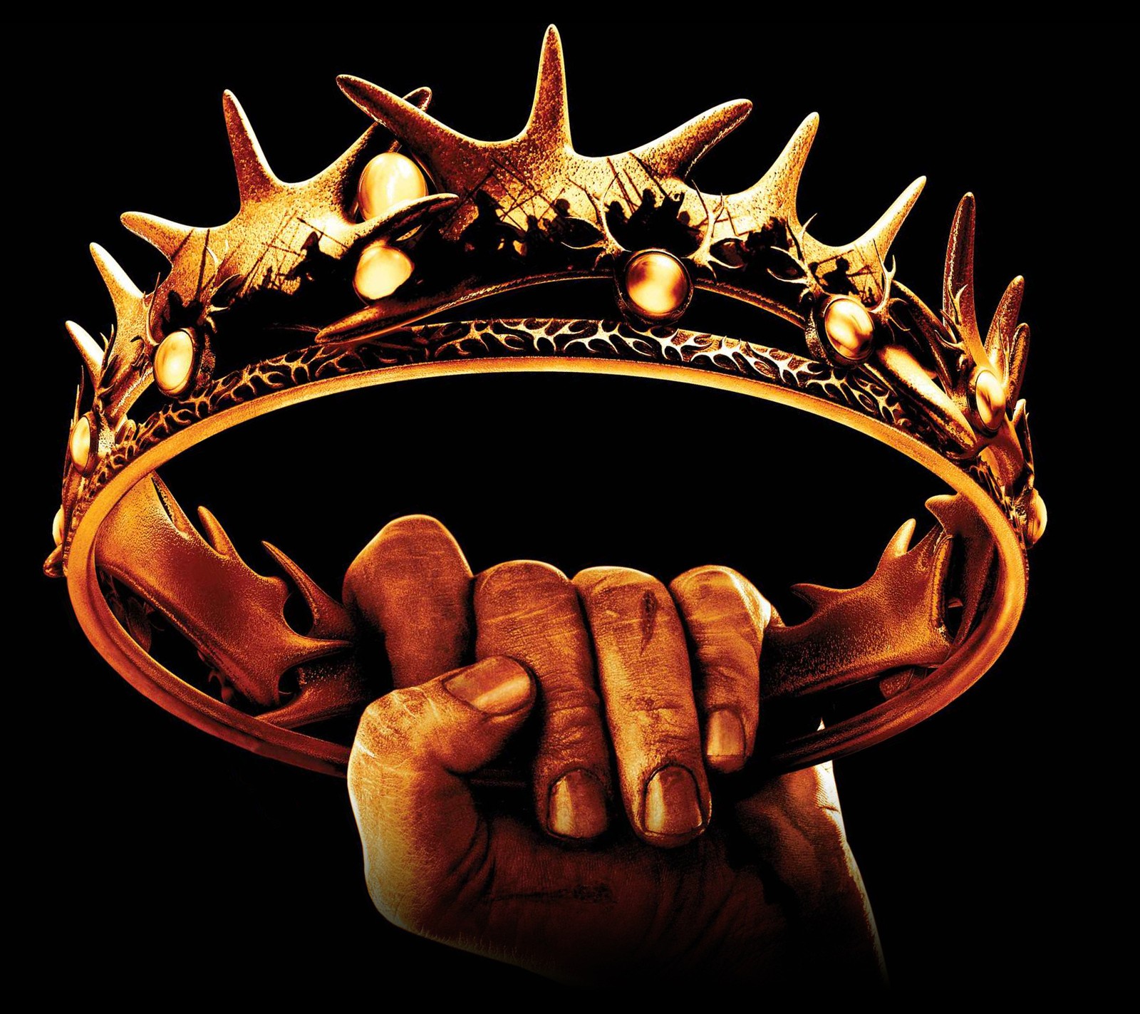 Un primer plano de una mano sosteniendo una corona con una corona en ella (corona, juego de tronos, game of thrones)