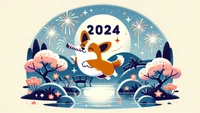 Joyful Corgi Celebrating New Year 2024 with Fireworks