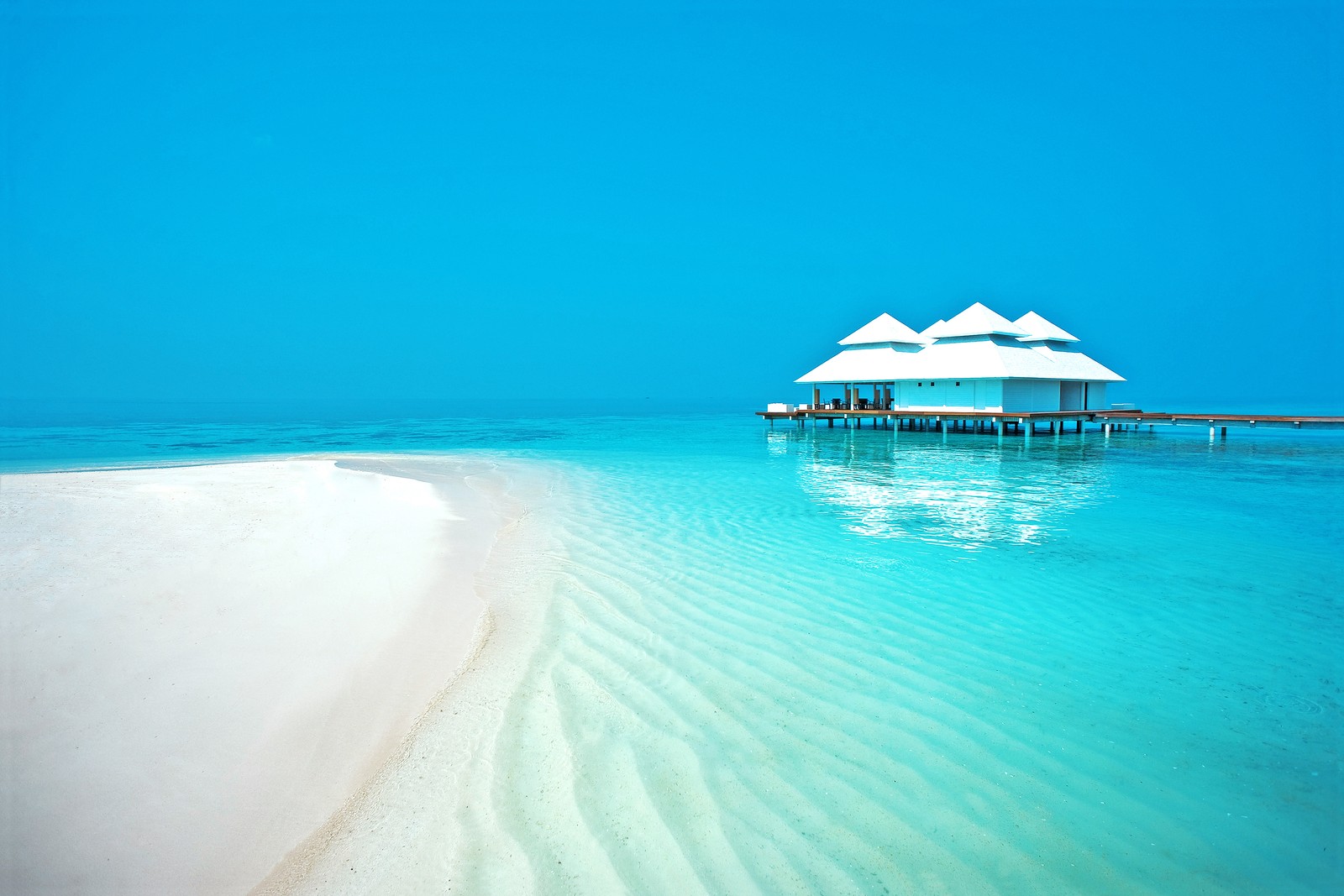 Há dois guarda-sóis brancos na praia ao lado da água (mar, aqua, oceano, azul celeste, caribenho)