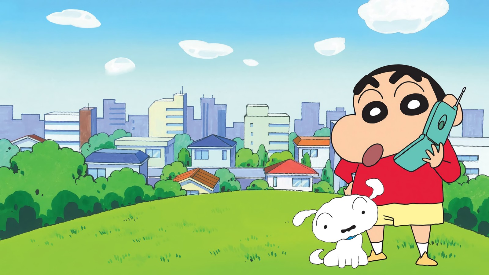 Dessin animé d'un homme avec un téléphone portable et un chien dans un parc (shinchan nohara, shiro, série télévisée, shin chan, films)