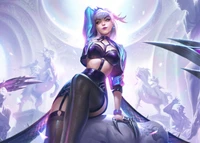 Evelynn KDA de League of Legends dans une pose frappante, entourée de chevaux éthérés et d'un décor mystique.