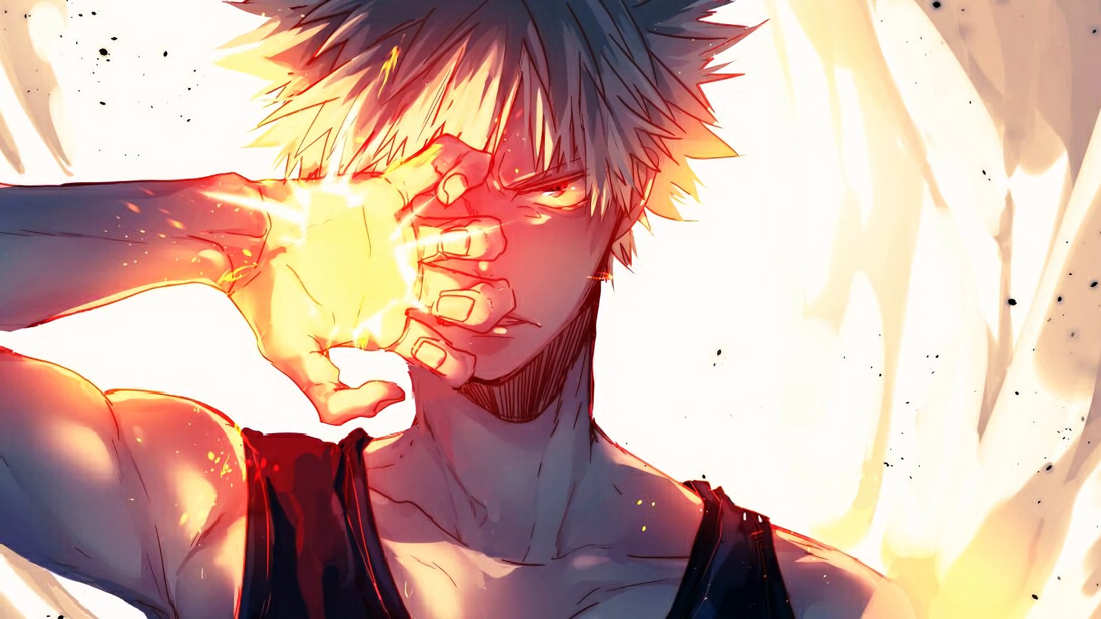 Un primer plano de una persona sosteniendo una luz en la mano (katsuki bakugo, kacchan, explosión, boku no hero academia, my hero academia)