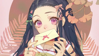 Nezuko Kamado tenant une lettre dans un cadre d'anime rêveur