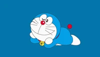 Adorable Doraemon Smiling Against a Blue Background - Cute Cartoon Illustration in 4K